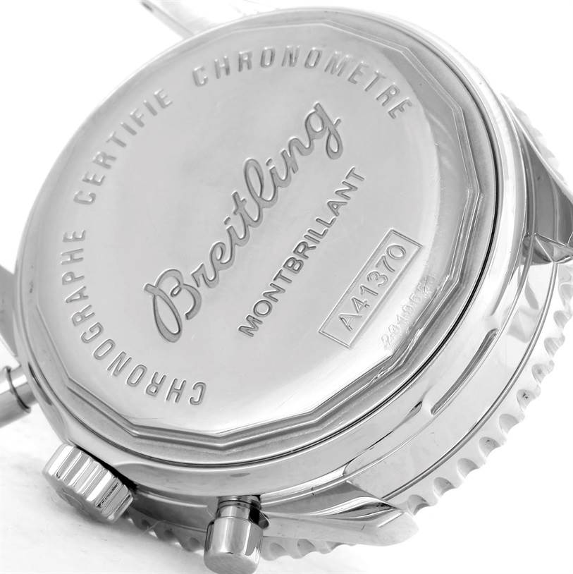 This image shows the case back and side view of the Breitling Navitimer A41370 Men
s Stainless Steel Brown Dial A41370 Men
s Stainless Steel Brown Dial Montbrillant watch, including the crown and pushers.