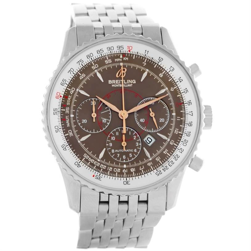 The Breitling Navitimer A41370 Men
s Stainless Steel Brown Dial A41370 Men
s Stainless Steel Brown Dial watch is shown from a front angle, displaying the face, bezel, dial, and bracelet.