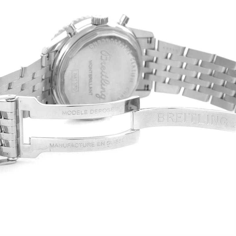 This image shows the back case and partially opened bracelet clasp of a Breitling Navitimer A41370 Men
s Stainless Steel Brown Dial A41370 Men
s Stainless Steel Brown Dial watch.