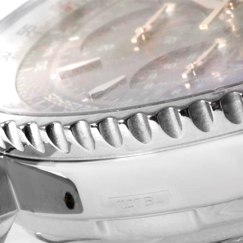 Close-up side view of the Breitling Navitimer A41370 Men
s Stainless Steel Brown Dial A41370 Men
s Stainless Steel Brown Dial showing the bezel and part of the case.