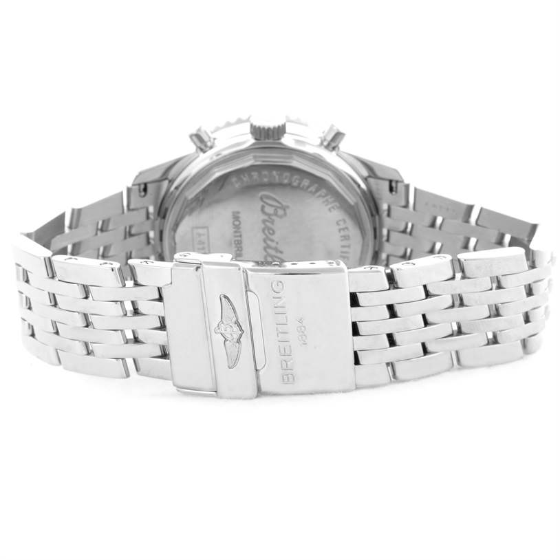 The image shows the back view of a Breitling Navitimer A41370 Men
s Stainless Steel Brown Dial A41370 Men
s Stainless Steel Brown Dial watch, focusing on the case back and bracelet clasp.