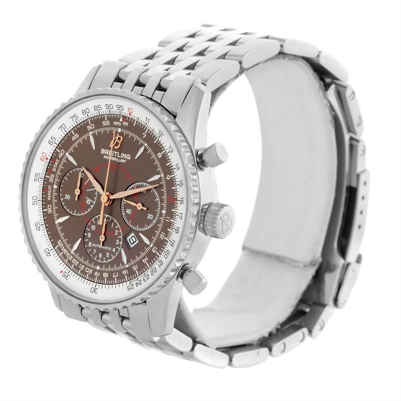 The image shows a side angle of the Breitling Navitimer A41370 Men
s Stainless Steel Brown Dial A41370 Men
s Stainless Steel Brown Dial watch, displaying its dial, bezel, pushers, and metal bracelet.