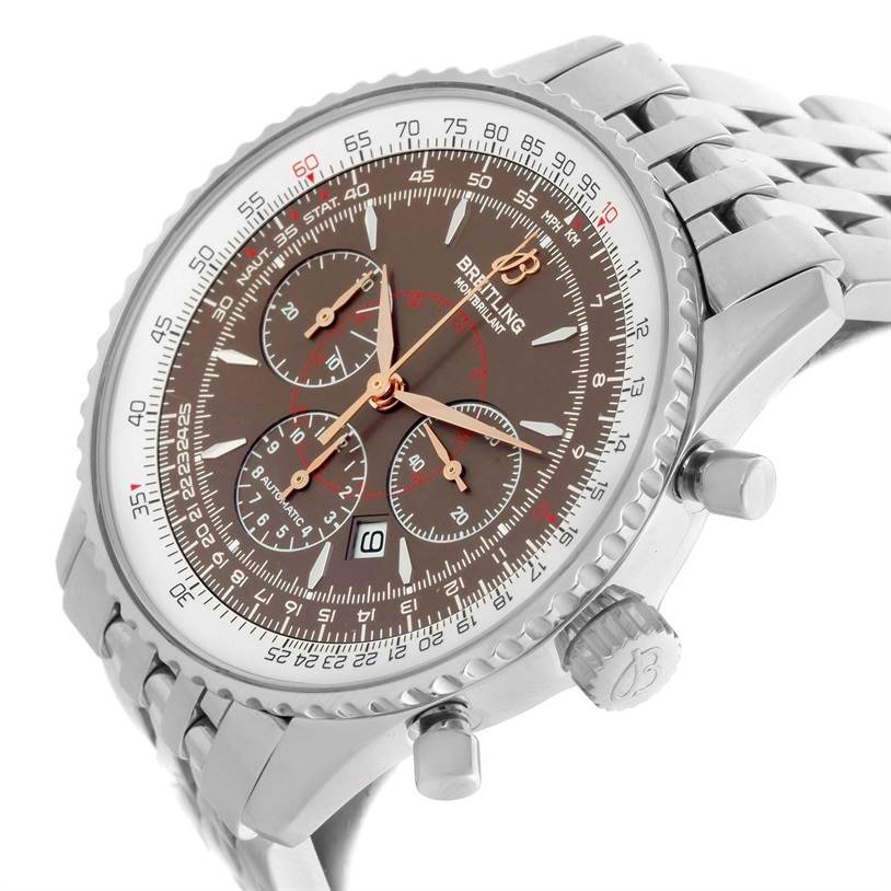 The image shows a side-angle view of the Breitling Navitimer A41370 Men
s Stainless Steel Brown Dial A41370 Men
s Stainless Steel Brown Dial watch, featuring the dial, bezel, crown, and part of the bracelet.