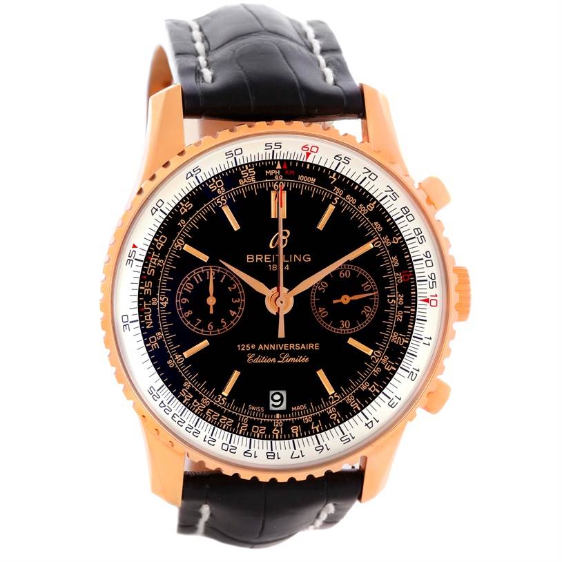 The image shows a front view of the Breitling Navitimer R26322 Men's Rose Gold Black Dial R26322 Men's Rose Gold Black Dial 125e Anniversaire Edition Limitee watch with a black dial and leather strap.
