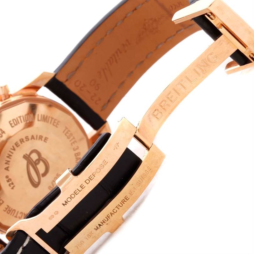 The image shows the backside of a Breitling Navitimer R26322 Men's Rose Gold Black Dial R26322 Men's Rose Gold Black Dial watch, focusing on the clasp and case back.