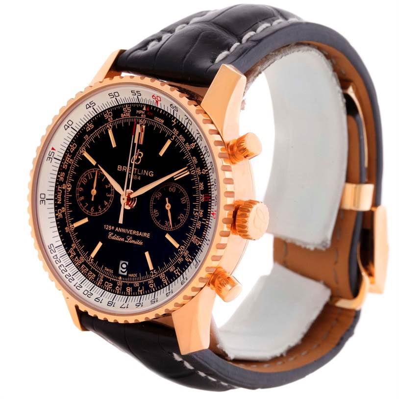 The image shows a Breitling Navitimer R26322 Men's Rose Gold Black Dial R26322 Men's Rose Gold Black Dial watch at an angled side view, highlighting the face, bezel, and leather strap.