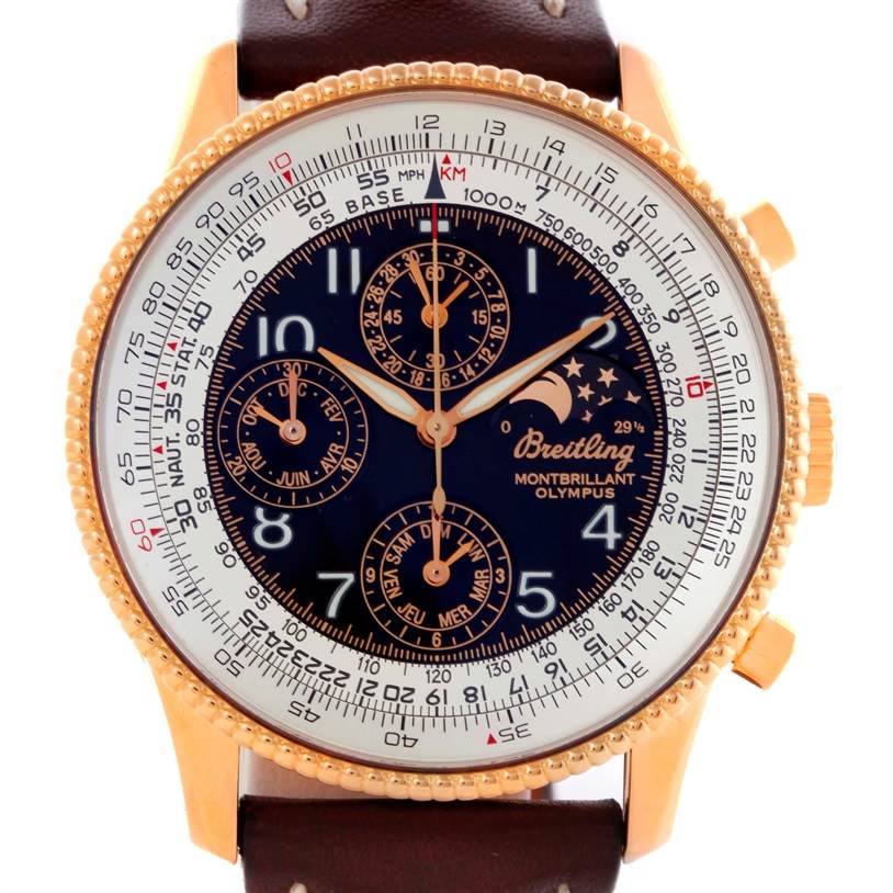This image shows a front view of the Breitling Navitimer H19350 Men's Rose Gold Silver Dial H19350 Men's Rose Gold Silver Dial model, highlighting its dial, chronograph subdials, bezel, and leather strap.