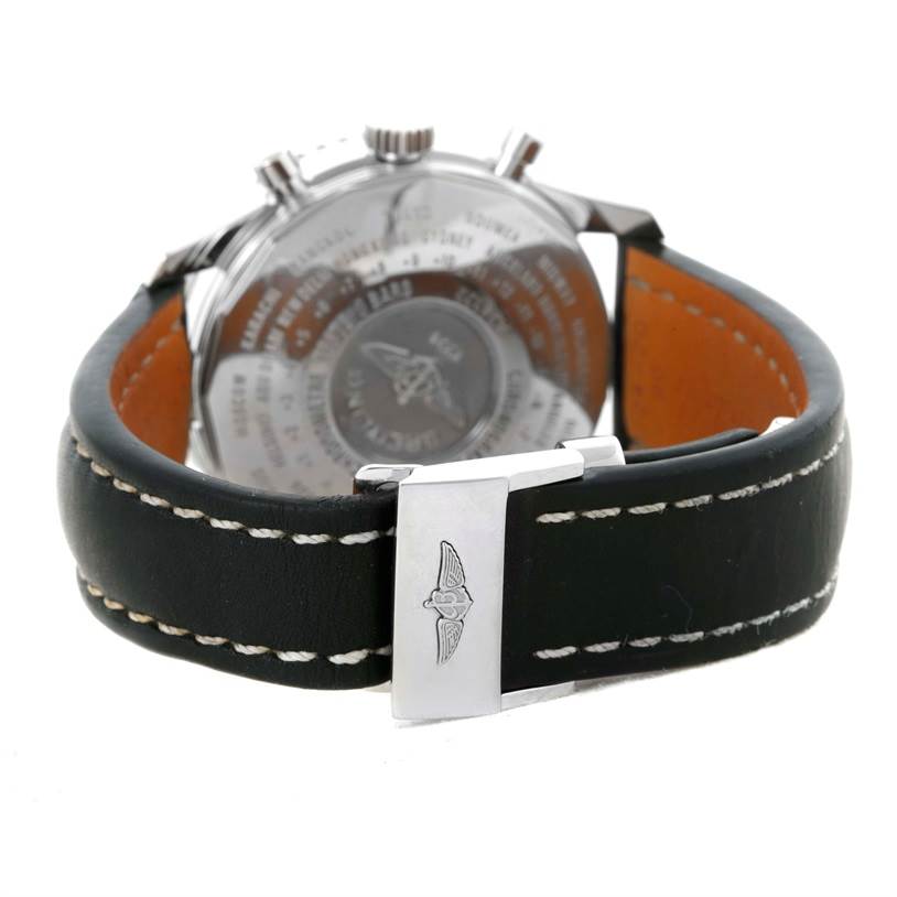 The image shows the backside of a Breitling Navitimer A24322 Men
s Stainless Steel Black Dial A24322 Men
s Stainless Steel Black Dial watch, highlighting the clasp, strap, and case back details.