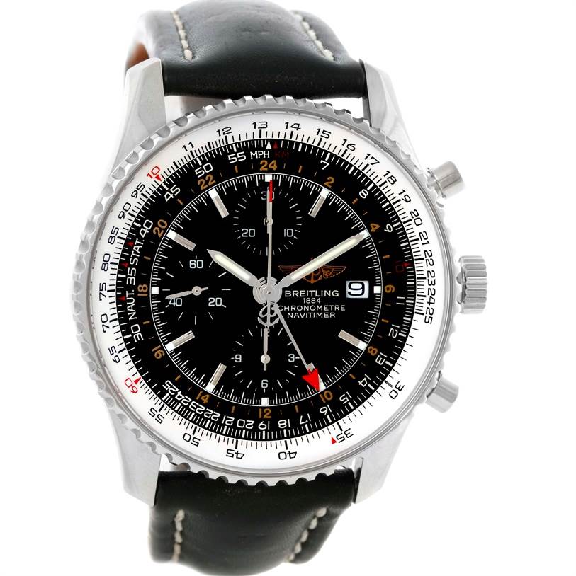 The Breitling Navitimer A24322 Men
s Stainless Steel Black Dial A24322 Men
s Stainless Steel Black Dial watch is shown from a front angle, displaying its face, bezel, and leather strap.