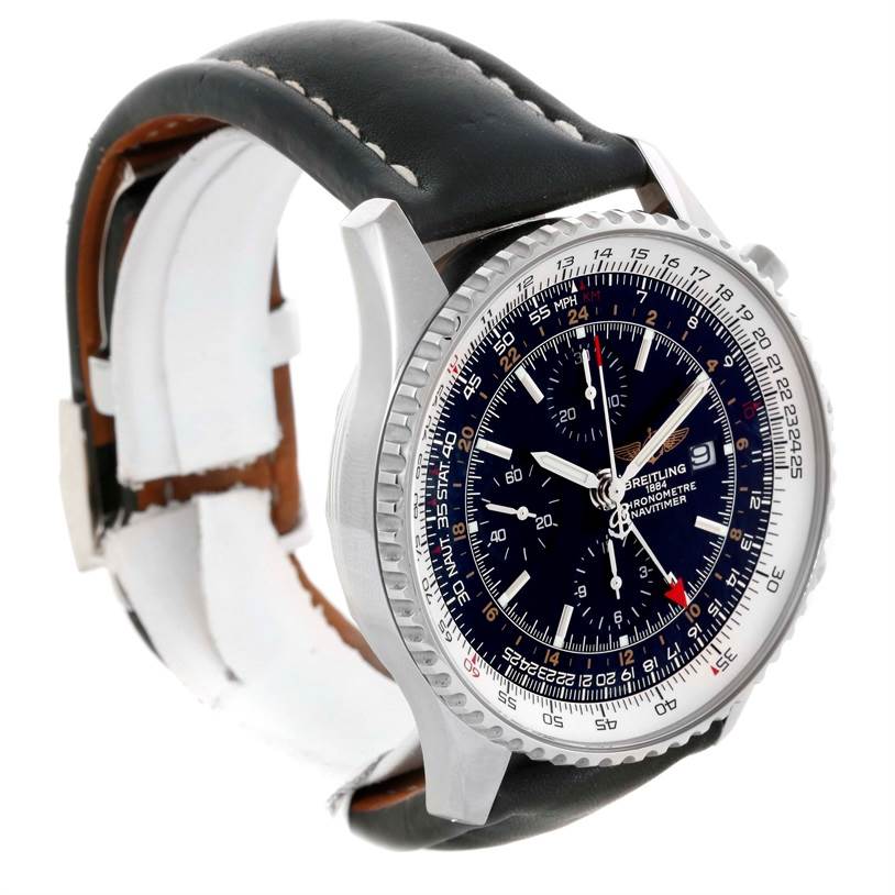 The image shows a side-angle view of the Breitling Navitimer A24322 Men
s Stainless Steel Black Dial A24322 Men
s Stainless Steel Black Dial watch, focusing on the face, bezel, and leather strap.