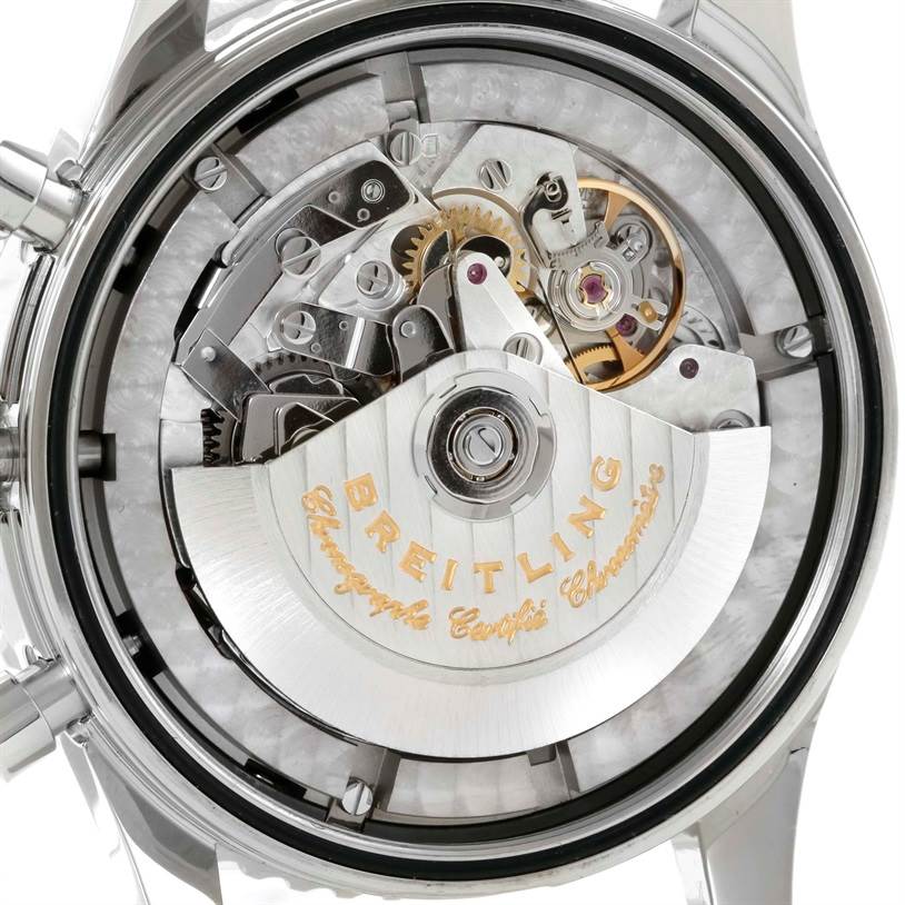 The image shows the back view of the Breitling Navitimer A24322 Men
s Stainless Steel Black Dial A24322 Men
s Stainless Steel Black Dial watch, displaying its intricate mechanical movement.