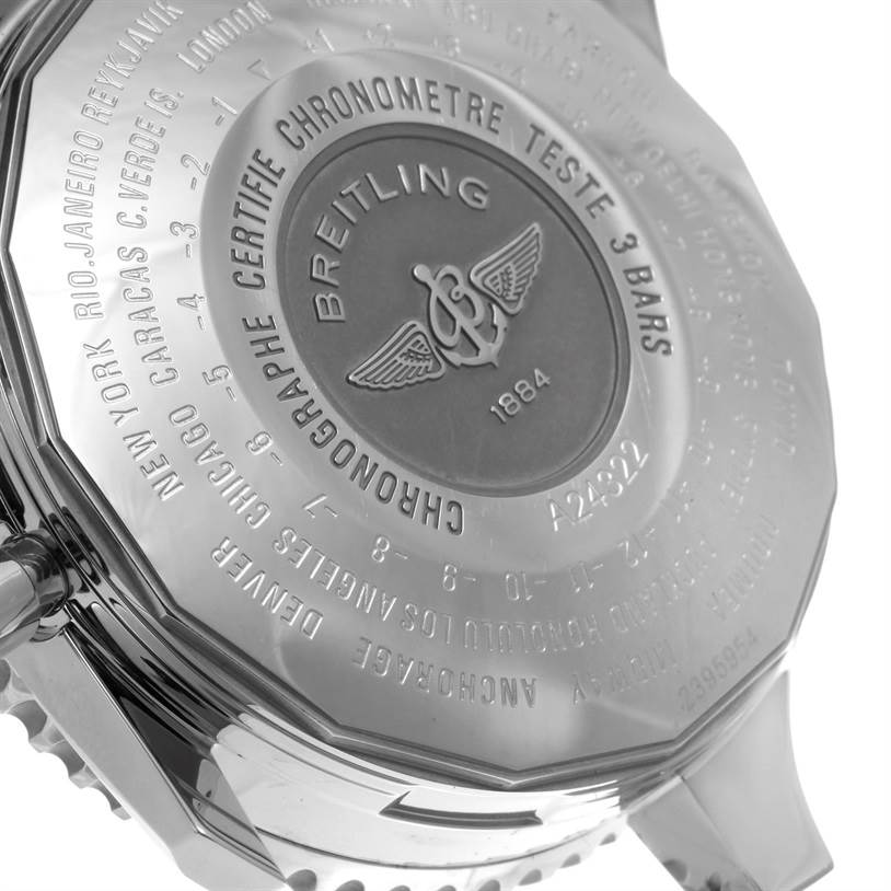 The image shows the back case of a Breitling Navitimer A24322 Men's Stainless Steel Silver Dial A24322 Men's Stainless Steel Silver Dial watch, featuring engraved details and branding.