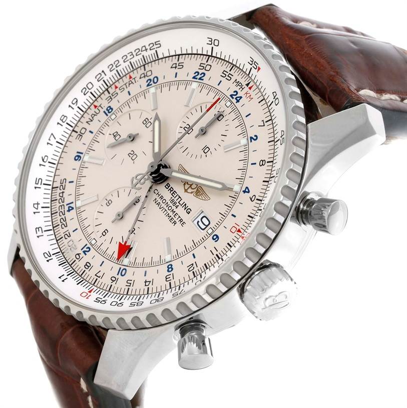 The image shows a close-up angle of the Breitling Navitimer A24322 Men's Stainless Steel Silver Dial A24322 Men's Stainless Steel Silver Dial watch face, crown, and pushers with a leather strap.