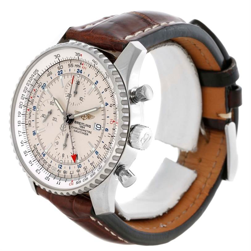 The image shows a Breitling Navitimer A24322 Men's Stainless Steel Silver Dial A24322 Men's Stainless Steel Silver Dial watch angled to display its dial, crown, pushers, and leather strap.