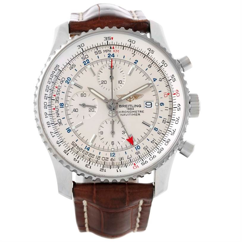 This image shows a front view of the Breitling Navitimer A24322 Men's Stainless Steel Silver Dial A24322 Men's Stainless Steel Silver Dial watch, including its face, bezel, crown, and leather strap.
