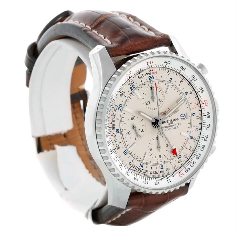The image shows a Breitling Navitimer A24322 Men's Stainless Steel Silver Dial A24322 Men's Stainless Steel Silver Dial watch in a side angle, displaying its dial, bezel, and leather strap.