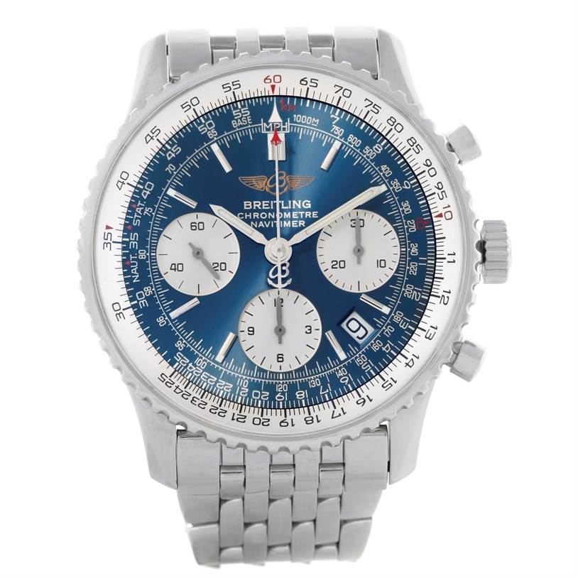 The Breitling Navitimer A23322 Men's Stainless Steel Blue Dial A23322 Men's Stainless Steel Blue Dial watch is shown from the front, displaying its dial, subdials, bezel, and bracelet.