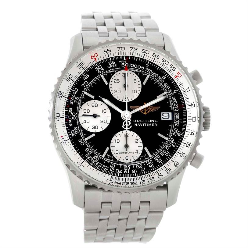 This Breitling Navitimer A13330 Men
s Stainless Steel Black Dial A13330 Men
s Stainless Steel Black Dial watch is shown from the front, displaying the face, bezel, and part of the metal bracelet.