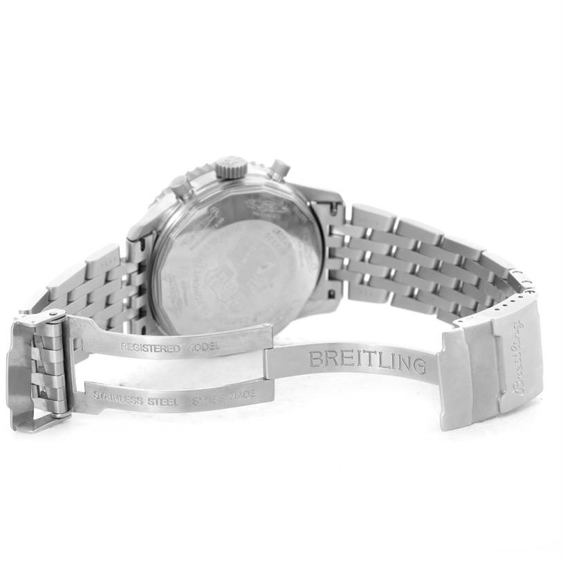 The image shows the back and partially opened clasp of a Breitling Navitimer A13330 Men
s Stainless Steel Black Dial A13330 Men
s Stainless Steel Black Dial watch.