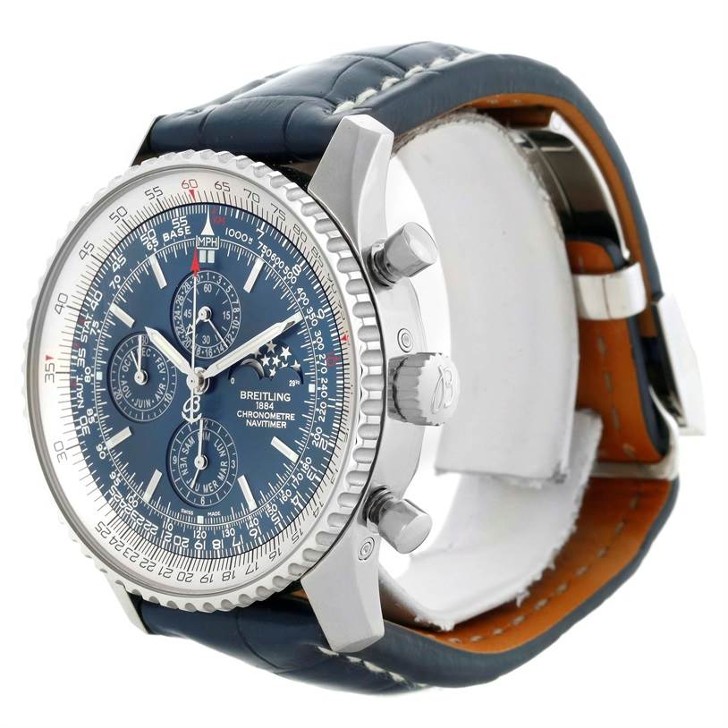 The image shows a Breitling Navitimer A19370 Men's Stainless Steel Blue Dial A19370 Men's Stainless Steel Blue Dial watch at a three-quarter angle, highlighting its face, bezel, and leather strap.