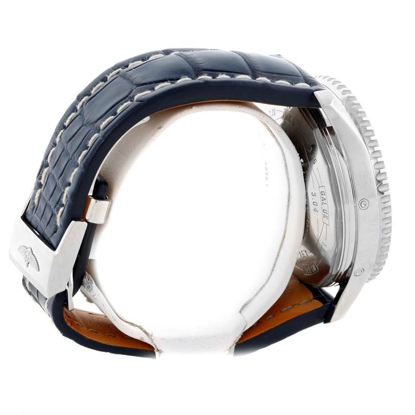 The image shows a side view of a Breitling Navitimer A19370 Men's Stainless Steel Blue Dial A19370 Men's Stainless Steel Blue Dial watch, highlighting the strap, clasp, and part of the back casing.