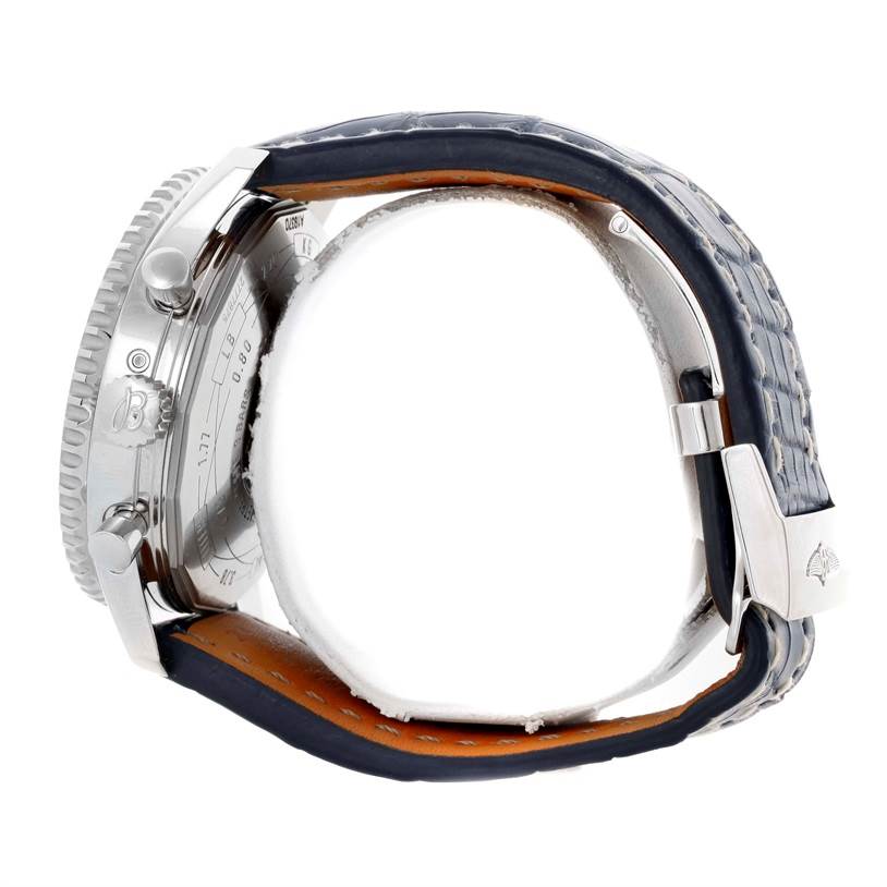 The image shows a side view of the Breitling Navitimer A19370 Men's Stainless Steel Blue Dial A19370 Men's Stainless Steel Blue Dial watch, displaying the crown, pushers, and leather strap with a clasp.