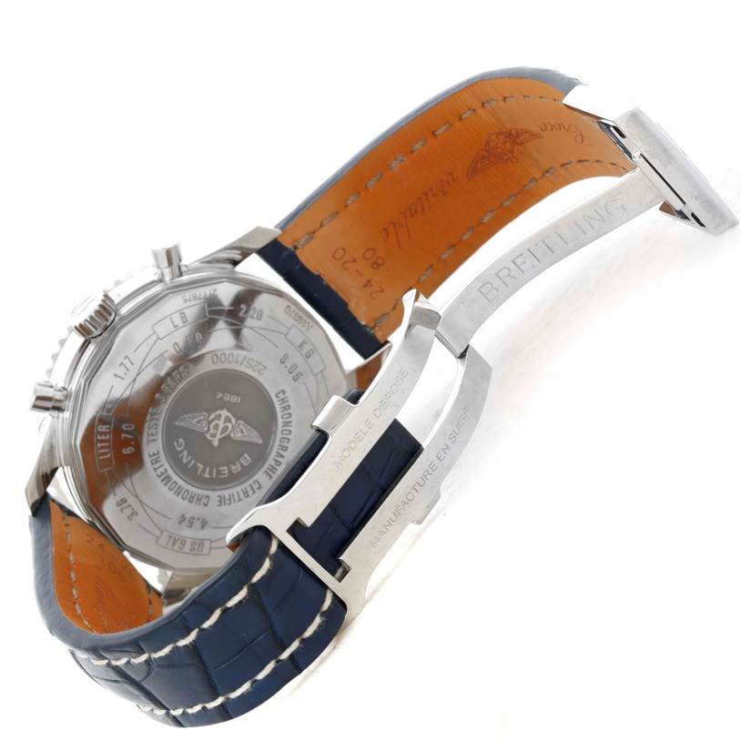 The image shows the back and clasp of a Breitling Navitimer A19370 Men's Stainless Steel Blue Dial A19370 Men's Stainless Steel Blue Dial watch, highlighting its strap and inner engravings.