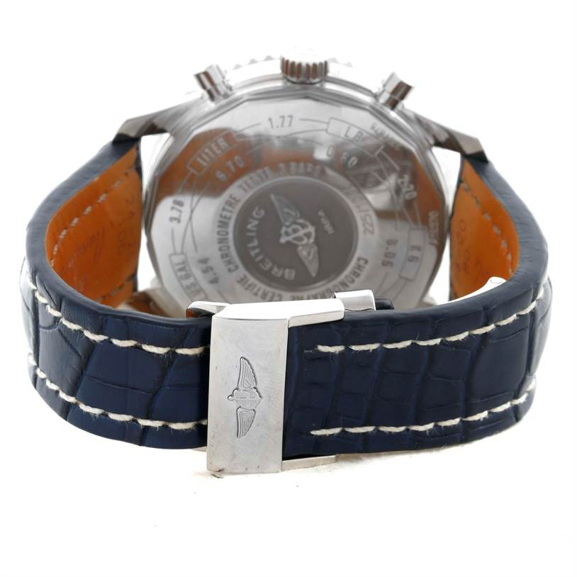 This image shows the back view of a Breitling Navitimer A19370 Men's Stainless Steel Blue Dial A19370 Men's Stainless Steel Blue Dial watch, including the clasp and strap.