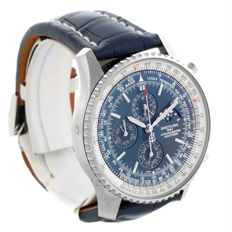 The Breitling Navitimer A19370 Men's Stainless Steel Blue Dial A19370 Men's Stainless Steel Blue Dial watch is shown at a three-quarter angle, displaying its blue dial, multiple subdials, and black crocodile leather strap.