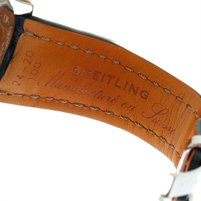 This image shows the underside of the leather strap of a Breitling Navitimer A19370 Men's Stainless Steel Blue Dial A19370 Men's Stainless Steel Blue Dial watch, highlighting the branding and stitching.
