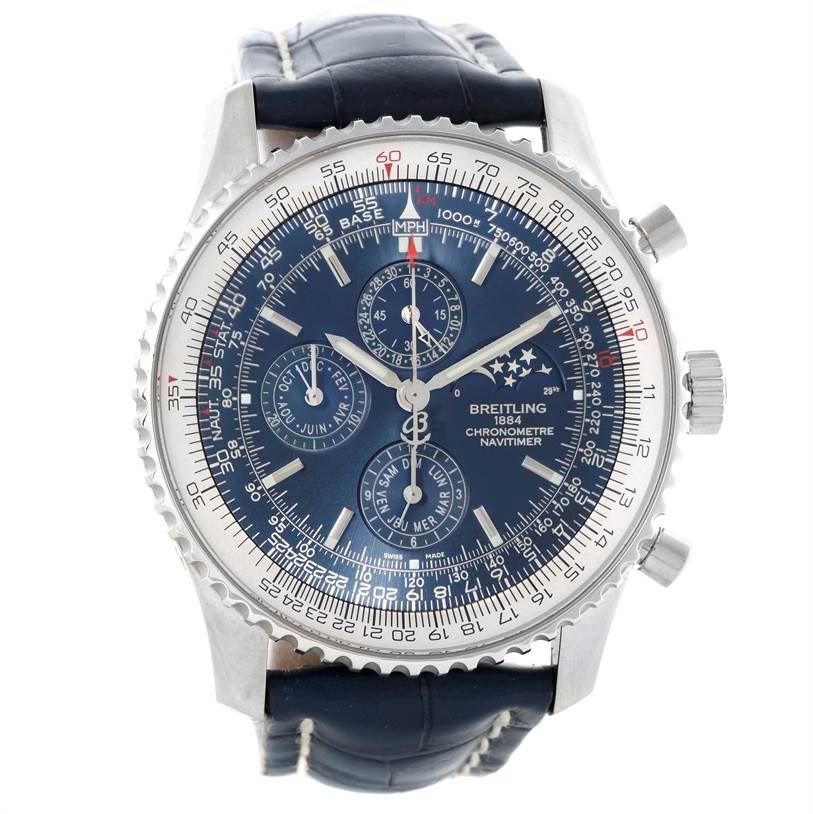 This image shows a front view of the Breitling Navitimer A19370 Men's Stainless Steel Blue Dial A19370 Men's Stainless Steel Blue Dial watch, displaying its dial, subdials, bezel, and crown.