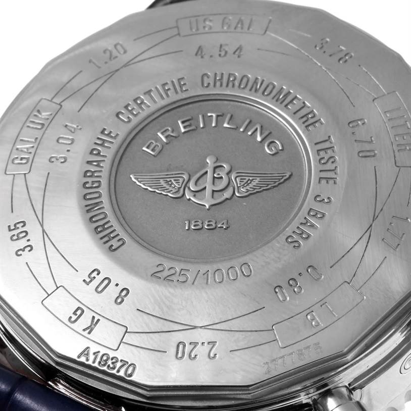 This image shows the back of a Breitling Navitimer A19370 Men's Stainless Steel Blue Dial A19370 Men's Stainless Steel Blue Dial watch, highlighting its engraved details and serial number.