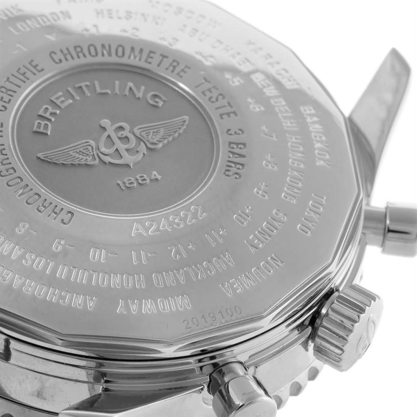 This image shows the case back and crown of a Breitling Navitimer A24322 Men's Stainless Steel Black Dial A24322 Men's Stainless Steel Black Dial watch from a close-up angle.