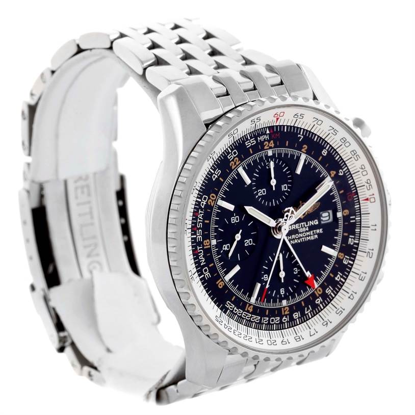 This image shows a Breitling Navitimer A24322 Men's Stainless Steel Black Dial A24322 Men's Stainless Steel Black Dial watch featuring a stainless steel band and a dial with chronograph subdials at a three-quarter angle.