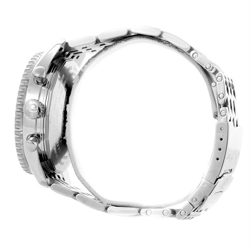 This side view of the Breitling Navitimer A24322 Men's Stainless Steel Black Dial A24322 Men's Stainless Steel Black Dial shows the crown, pushers, and stainless steel bracelet.