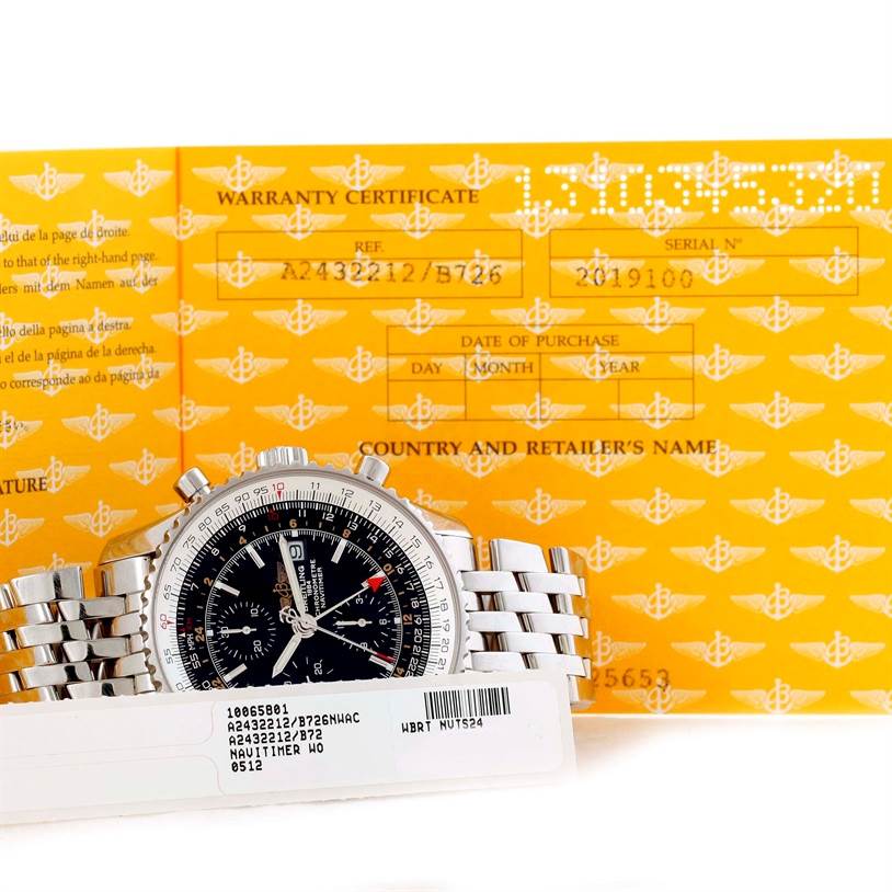 The image shows the face, bezel, and bracelet of a Breitling Navitimer A24322 Men's Stainless Steel Black Dial A24322 Men's Stainless Steel Black Dial watch alongside its warranty certificate.