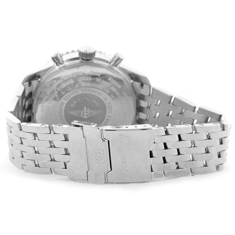 The image shows the back view of a Breitling Navitimer A24322 Men's Stainless Steel Black Dial A24322 Men's Stainless Steel Black Dial watch, focusing on the clasp and bracelet.