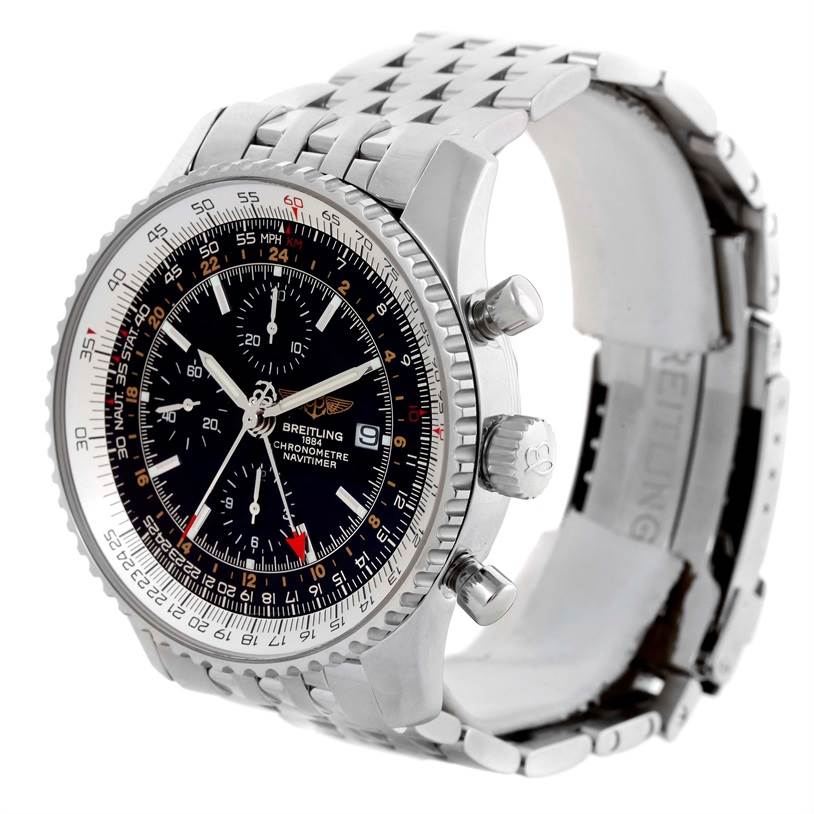 The Breitling Navitimer A24322 Men's Stainless Steel Black Dial A24322 Men's Stainless Steel Black Dial watch is shown from an angled side view, highlighting its dial, bezel, crown, pushers, and metal bracelet.