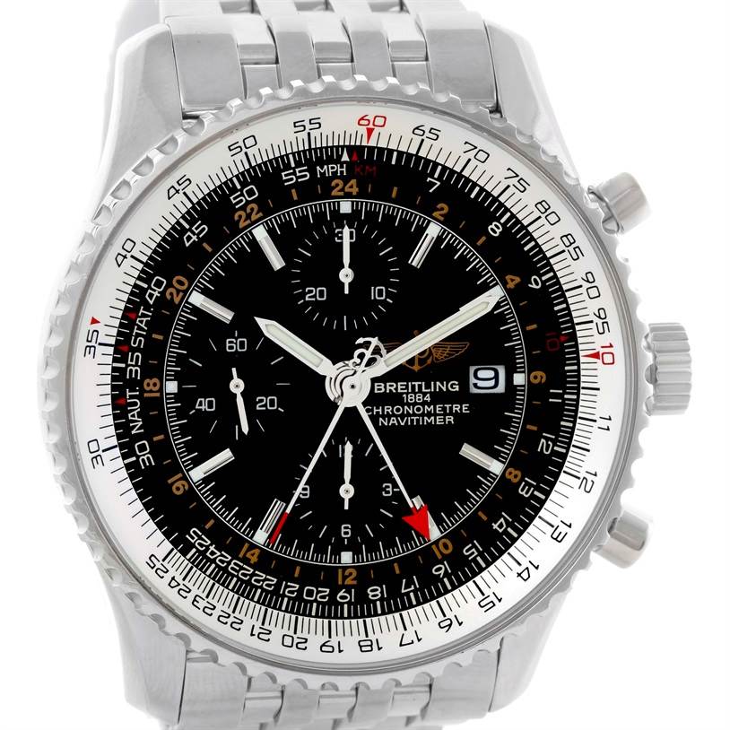 This image shows a frontal view of a Breitling Navitimer A24322 Men's Stainless Steel Black Dial A24322 Men's Stainless Steel Black Dial watch, highlighting its dial, sub-dials, bezel, and bracelet.