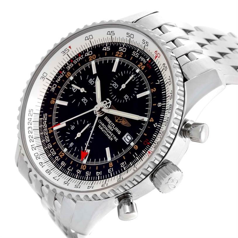The image shows a side angle of a Breitling Navitimer A24322 Men's Stainless Steel Black Dial A24322 Men's Stainless Steel Black Dial watch, focusing on its detailed face, bezel, and metallic bracelet.