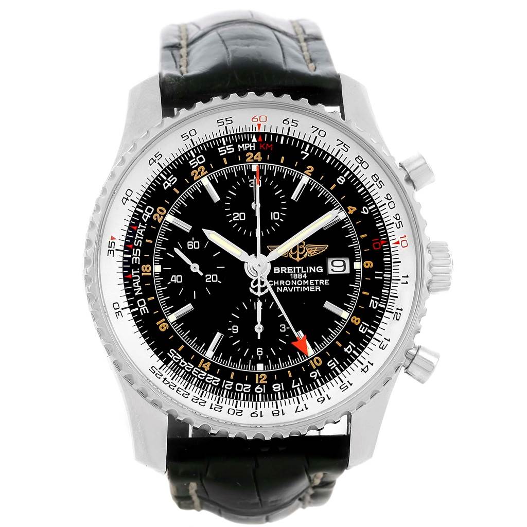 The Breitling Navitimer A24322 Men's Stainless Steel Black Dial A24322 Men's Stainless Steel Black Dial watch is shown from a front angle, displaying its black dial, chronograph functions, and leather strap.
