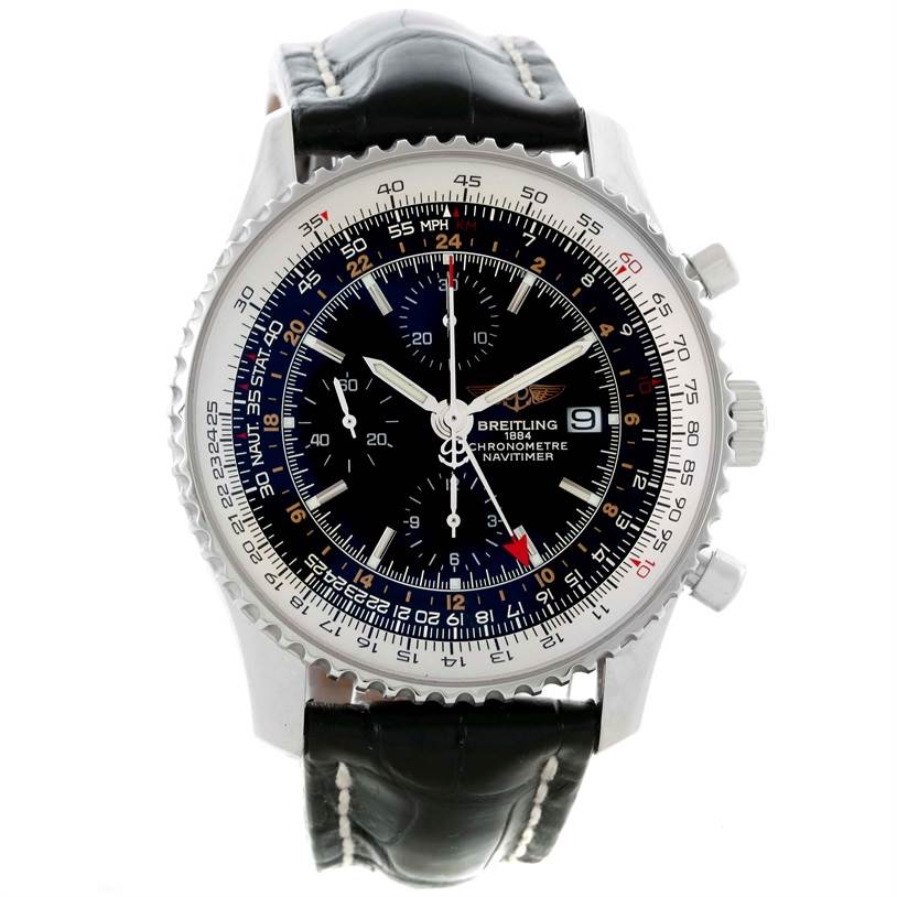 The Breitling Navitimer A24322 Men's Stainless Steel Black Dial A24322 Men's Stainless Steel Black Dial watch is shown from the front, displaying its face, bezel, subdials, and leather strap.