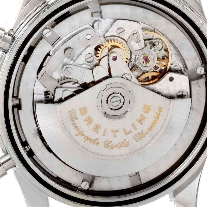 The image shows the internal mechanical movement of a Breitling Navitimer A24322 Men's Stainless Steel Black Dial A24322 Men's Stainless Steel Black Dial watch from a rear, open case back angle.