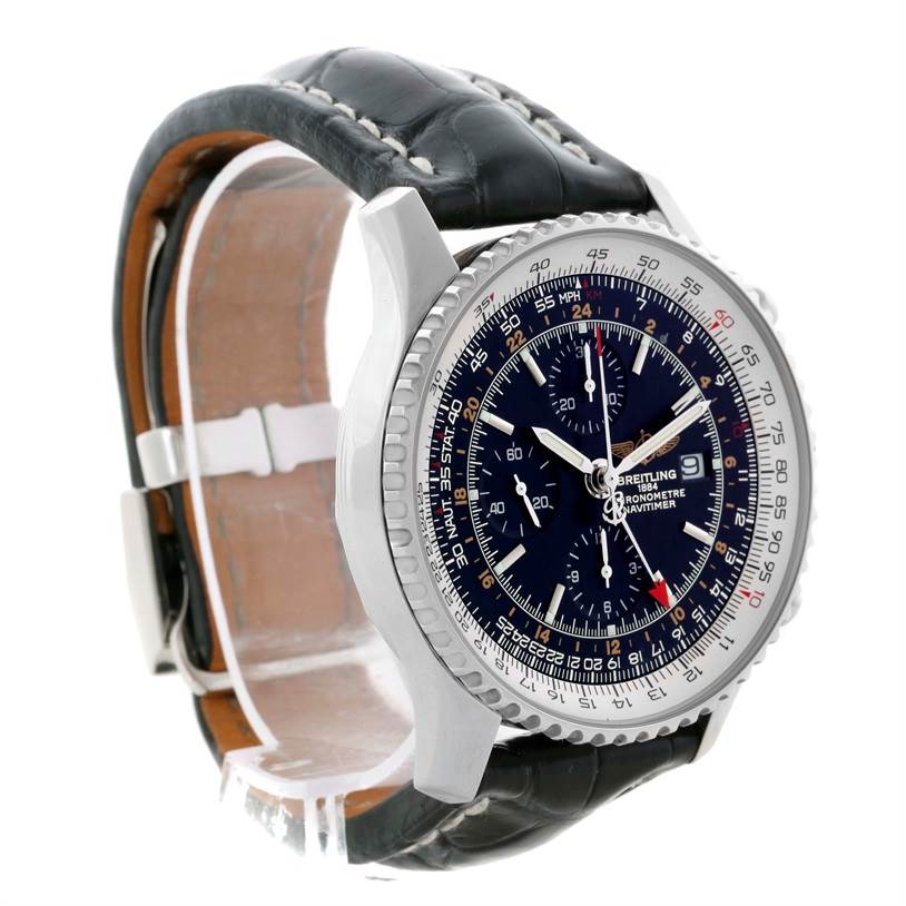 The Breitling Navitimer A24322 Men's Stainless Steel Black Dial A24322 Men's Stainless Steel Black Dial watch is shown at a slight angle, displaying the face, bezel, and part of the leather strap.