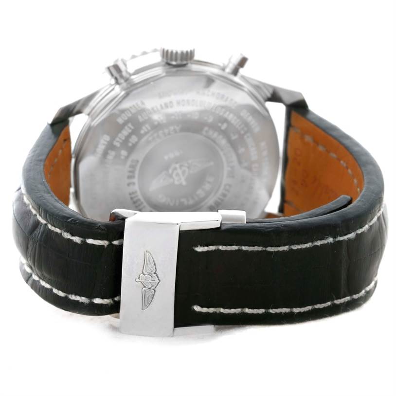 This image shows the back case and strap of a Breitling Navitimer A24322 Men's Stainless Steel Black Dial A24322 Men's Stainless Steel Black Dial watch.