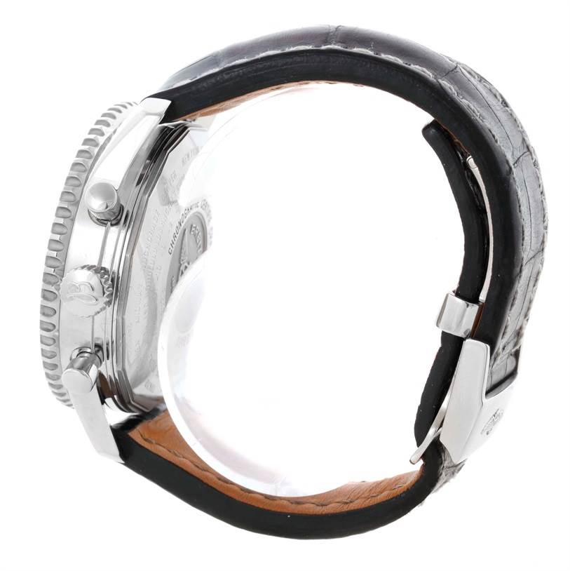 This image shows the side view and part of the back of the Breitling Navitimer A24322 Men's Stainless Steel Black Dial A24322 Men's Stainless Steel Black Dial watch, including the crown, pushers, and leather strap.
