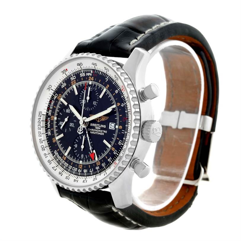 The image shows a Breitling Navitimer A24322 Men's Stainless Steel Black Dial A24322 Men's Stainless Steel Black Dial watch from a front-left angle, highlighting its dial, bezel, pushers, and leather strap.