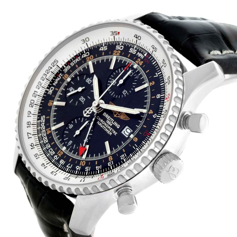 The image shows a close-up angled view of a Breitling Navitimer A24322 Men's Stainless Steel Black Dial A24322 Men's Stainless Steel Black Dial watch highlighting the dial, chronograph subdials, and pushers.