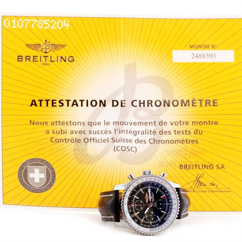 The image shows a front view of a Breitling Navitimer A24322 Men's Stainless Steel Black Dial A24322 Men's Stainless Steel Black Dial watch and its certification document.