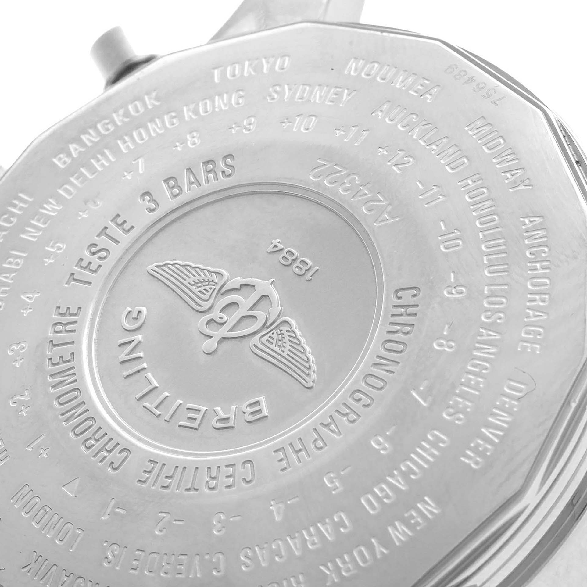 This image shows the engraved case back of a Breitling Navitimer A24322 Men's Stainless Steel Blue Dial A24322 Men's Stainless Steel Blue Dial watch, highlighting various city names and time zone offsets.